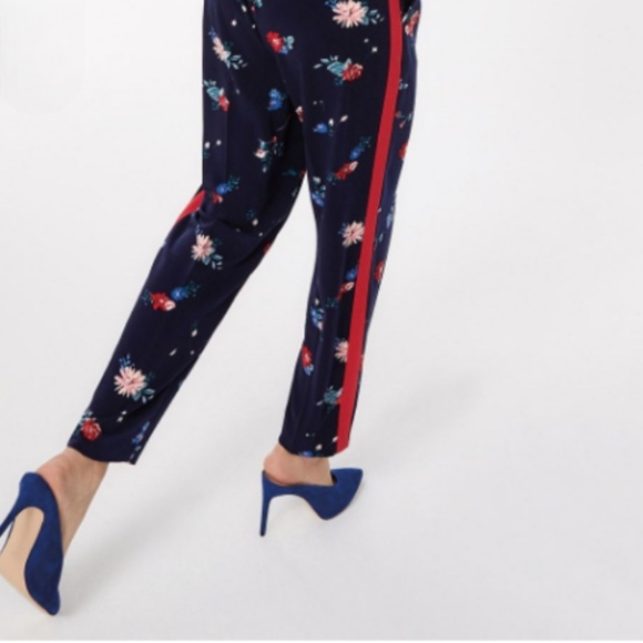 REITMANS Navy floral pants with sides red stripes - Picture 1 of 9